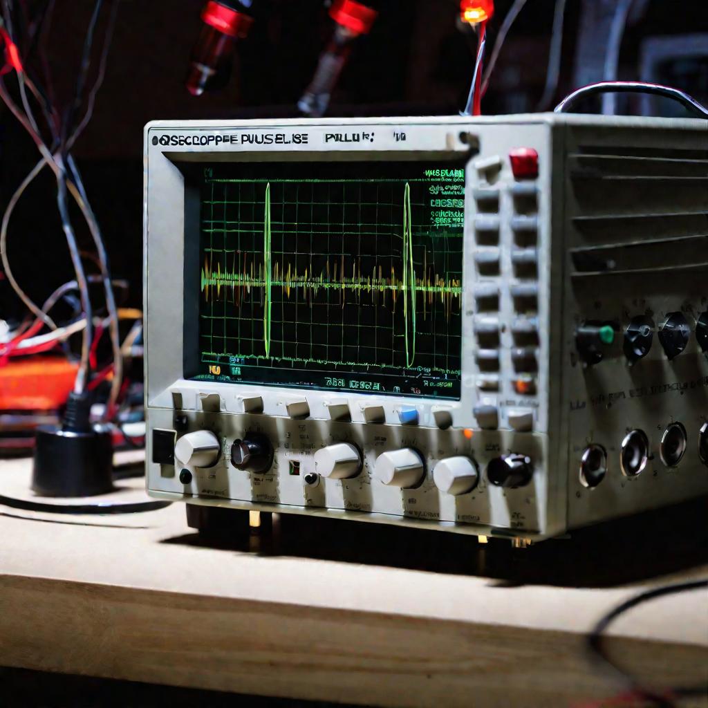 Вид снизу вблизи на экран осциллографа, отображающий импульсную форму сигнала. Осциллограф стоит на столе рядом с самодельным генератором импульсов, к печатной плате которого пропаяны различные резисторы, конденсаторы и провода. Сцена драматично освещена 