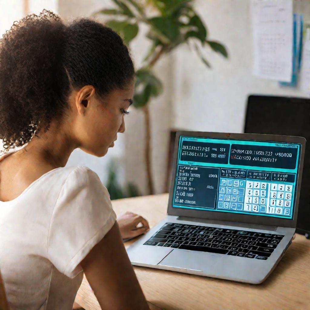 Девушка смотрит на экран ноутбука с интерфейсом онлайн калькулятора матриц