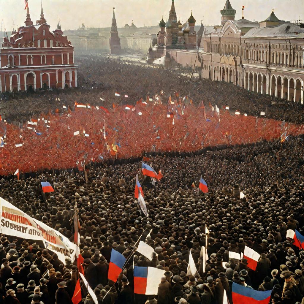 Ликующая толпа на Красной площади в Москве, празднующая принятие Декларации прав народов России в 1917 году.