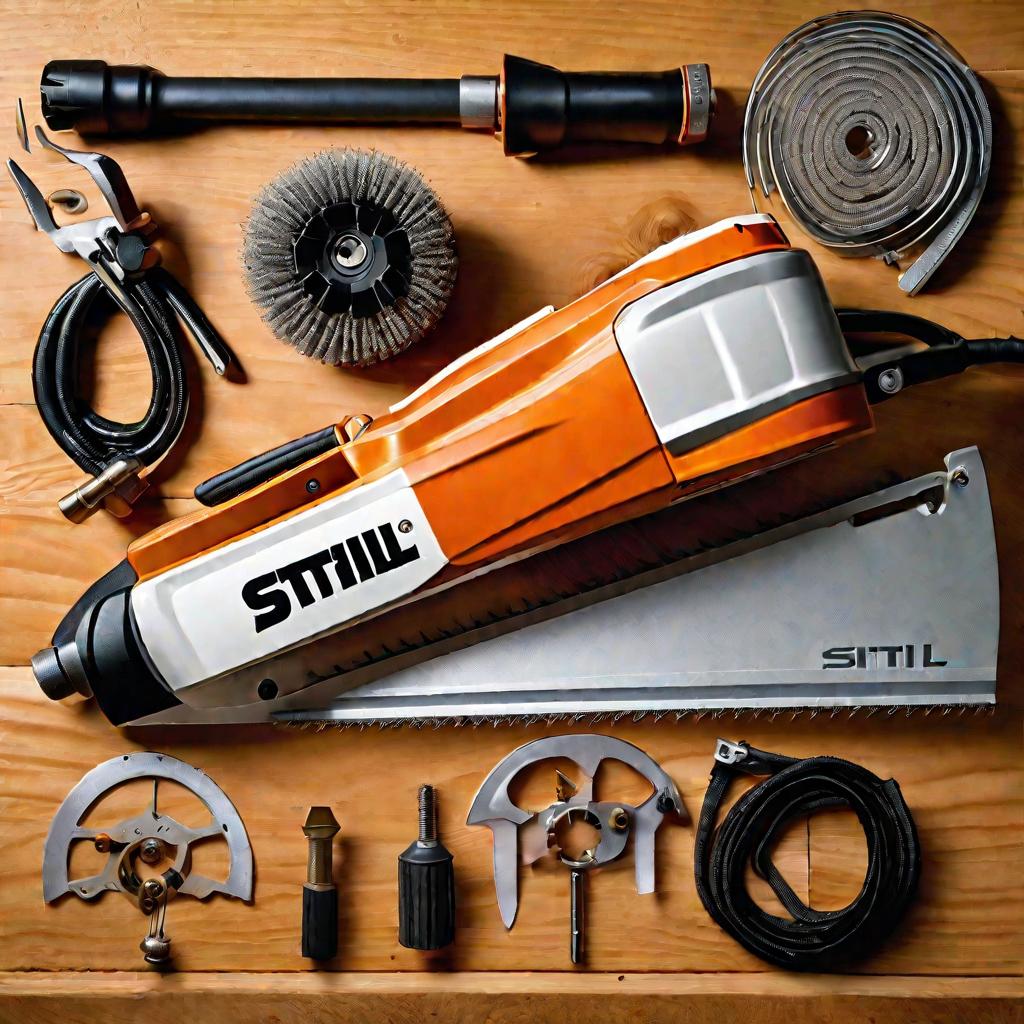 Вид сверху на триммер Stihl FS 38, разобранный на части на верстаке в гараже-мастерской