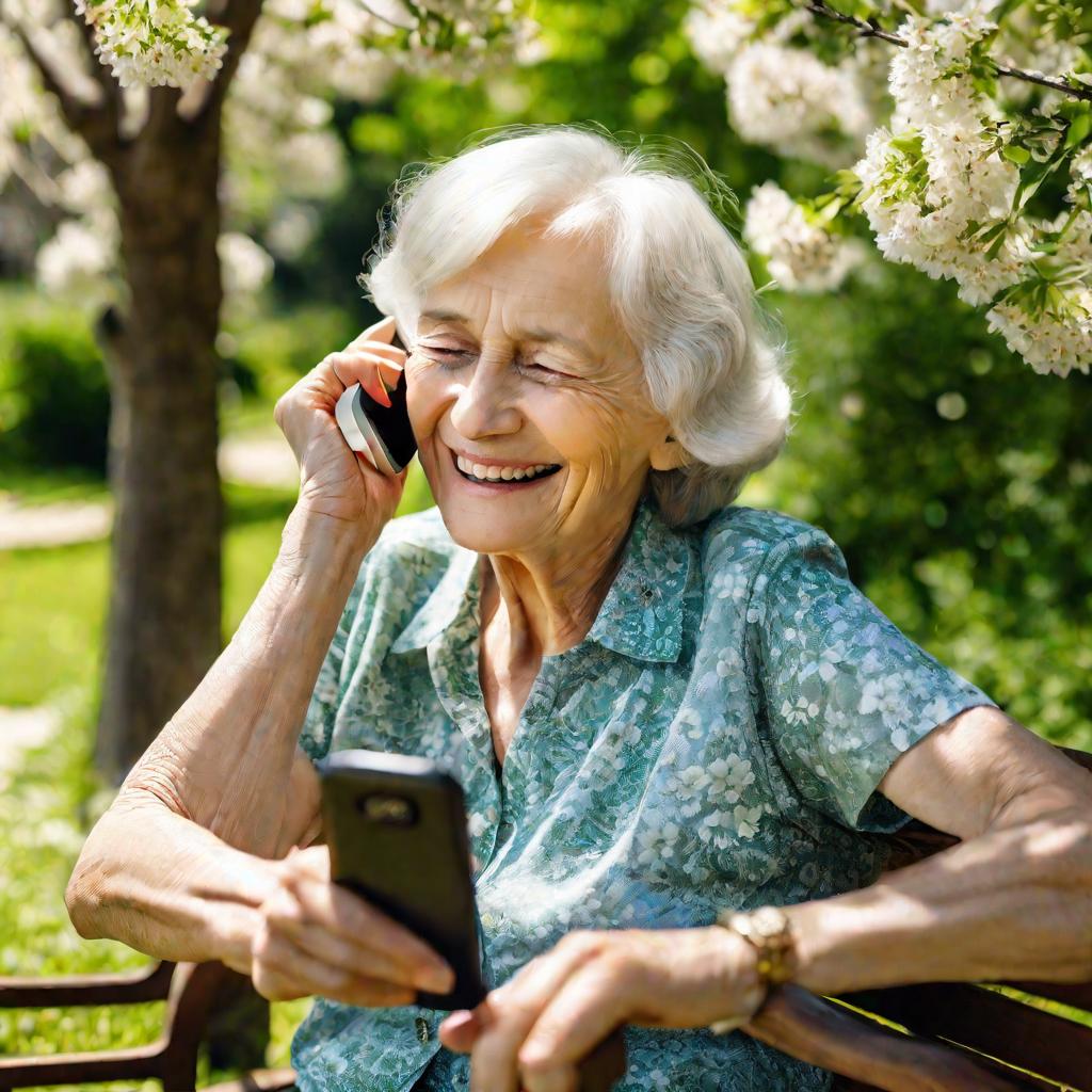 Пожилая женщина разговаривает по телефону в парке