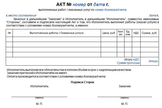 Образец акта выполненных работ по договору оказания услуг