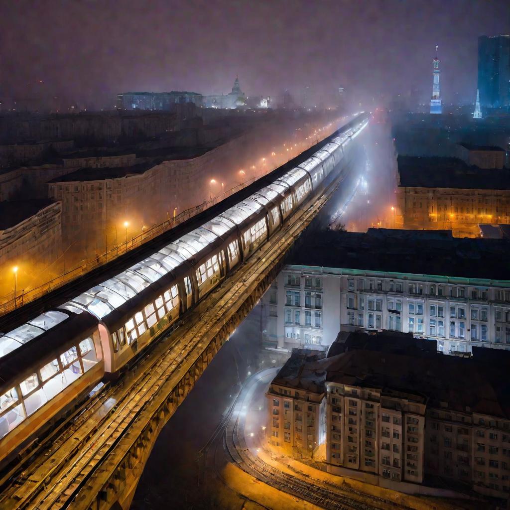 Поезд московского метро на мосту в туманный вечер