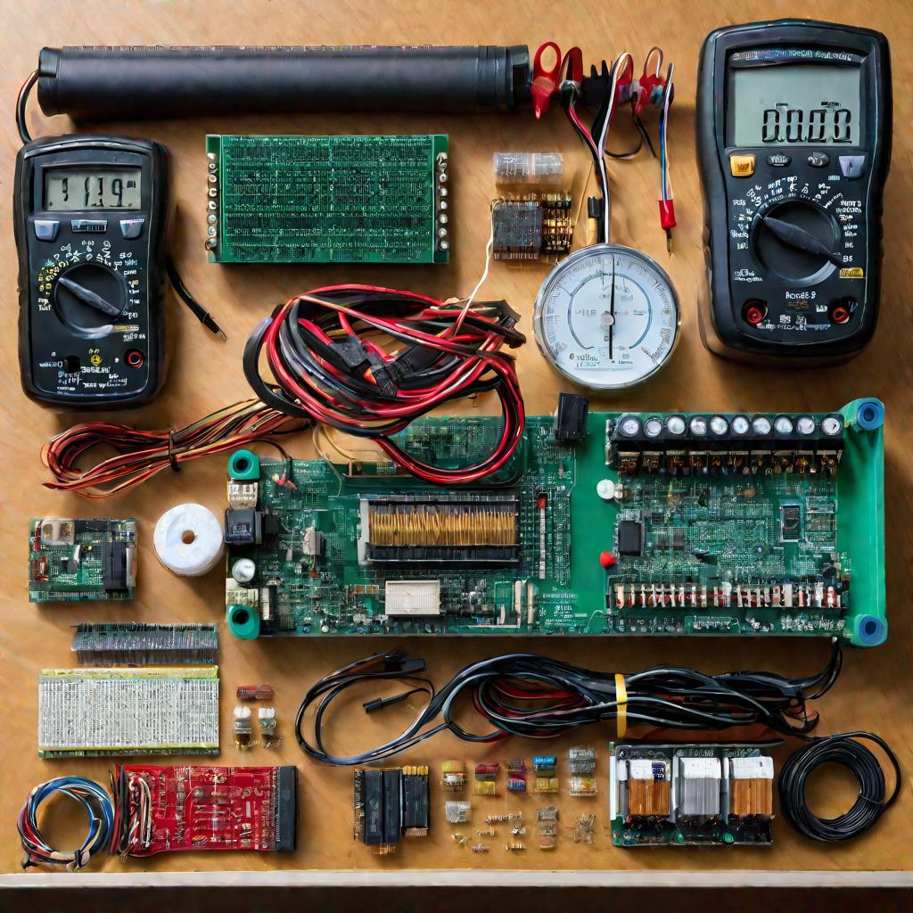 Детальный крупный план открытого комплекта для тестирования электроники на столе, содержащего вольтметр, батарейные блоки, конденсаторы, провода, тестовые зажимы и другие компоненты для создания тестовых схем для диагностики неисправностей в полупроводник