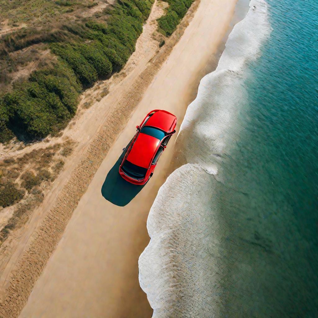 Вид сверху красного автомобиля Lada Vesta, едущего по прибрежной дороге у моря в солнечный летний день. Отражение машины видно на спокойной водной глади слева. Справа на песчаный пляж нежно накатываются низкие волны.