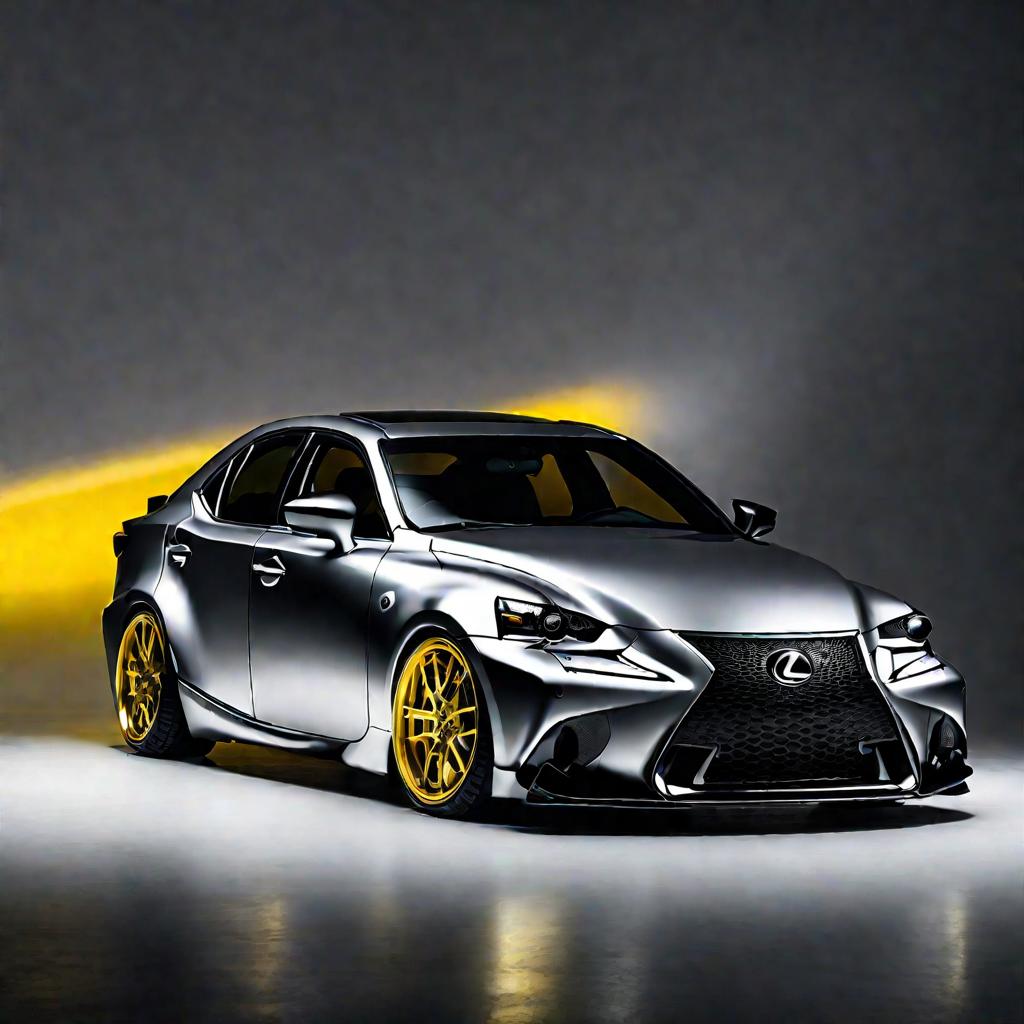 крупный план передней части серого Lexus IS 300 с деталями тюнинга в студии с драматичным освещением