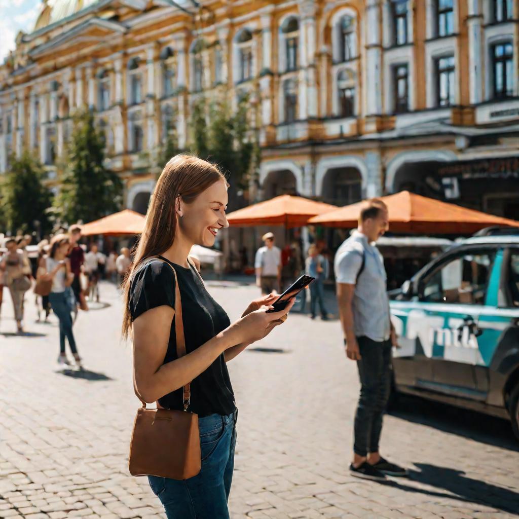 Молодая девушка улыбается, глядя на экран своего телефона на улице города