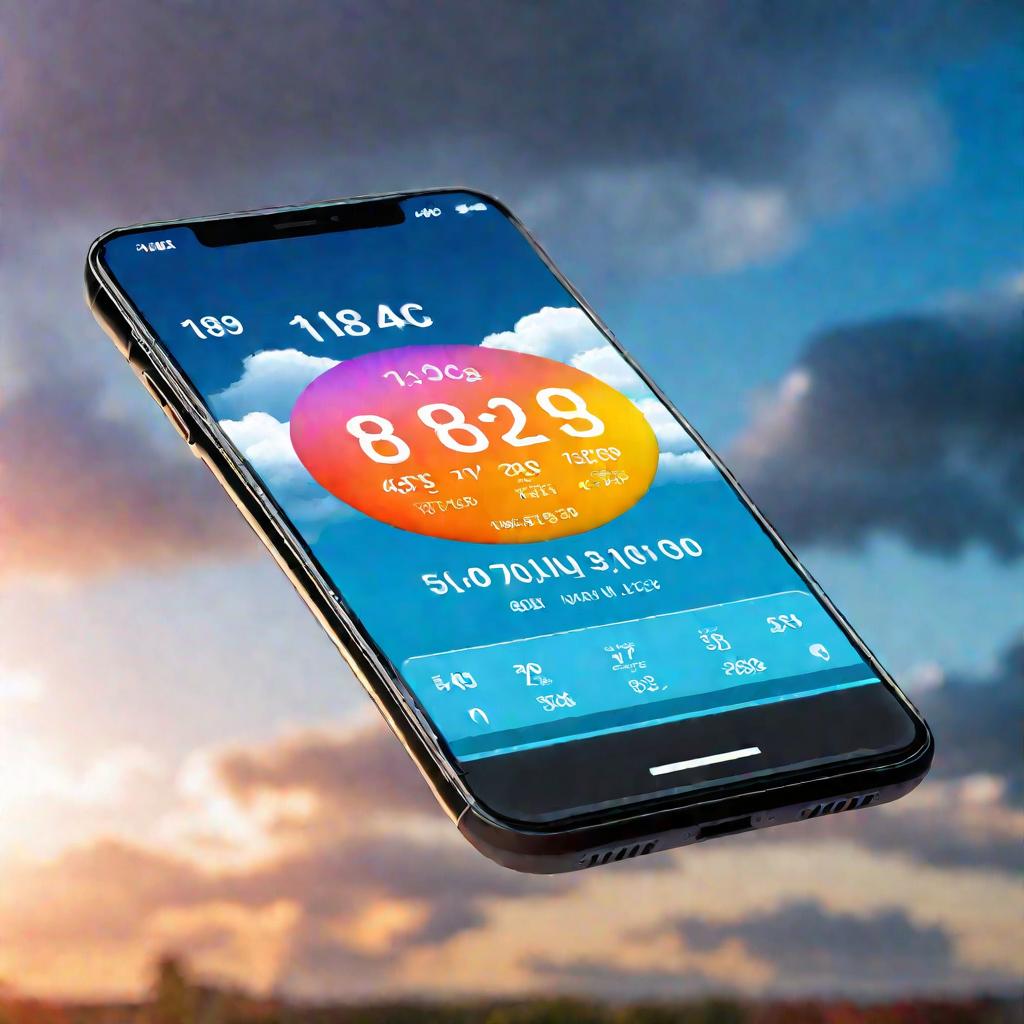 На экране смартфона виджет погоды с дождевыми тучами