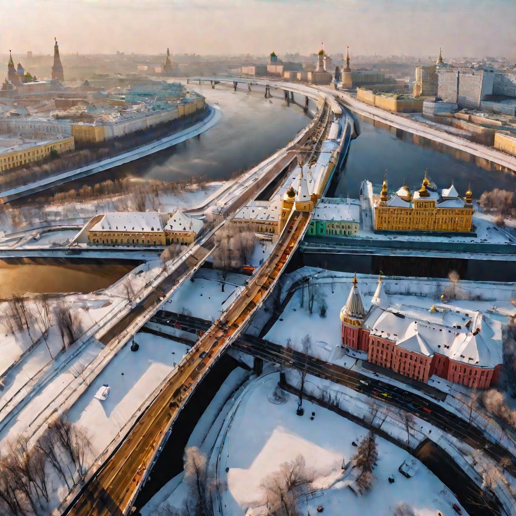 Зимнее утро в Москве. Люди спешат по мостам через замерзшую Москву-реку.