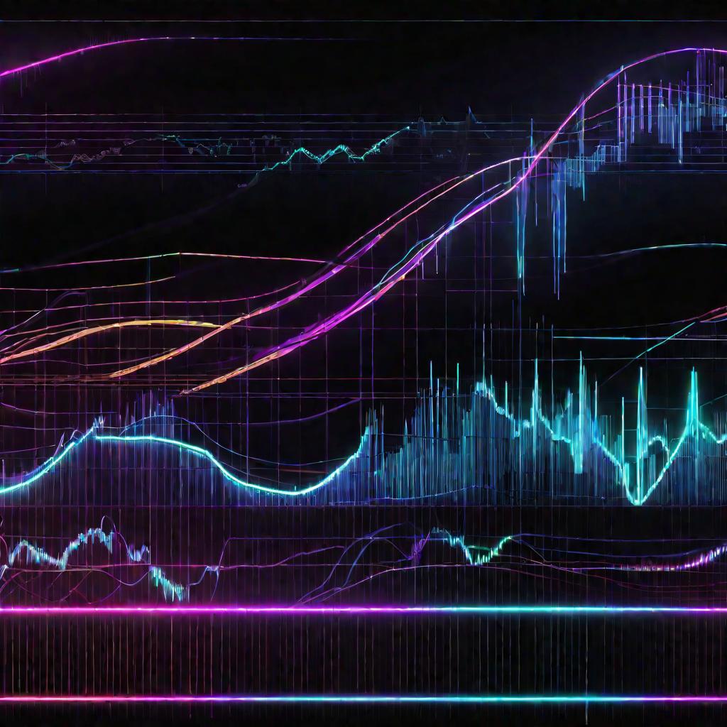 Светящиеся графики и диаграммы на черном фоне.