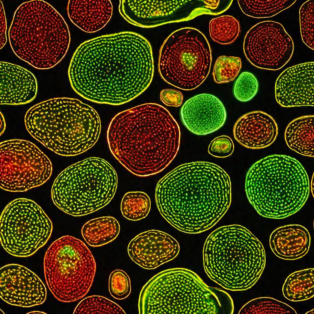 Изображение под микроскопом тонкого среза светящихся цветных хлоропластов растительной клетки. Яркие неоновые зеленые, красные и желтые цвета светятся, пульсируют и излучают свет драматично. На изображении видны сложные детали растительных хроматофоров, о