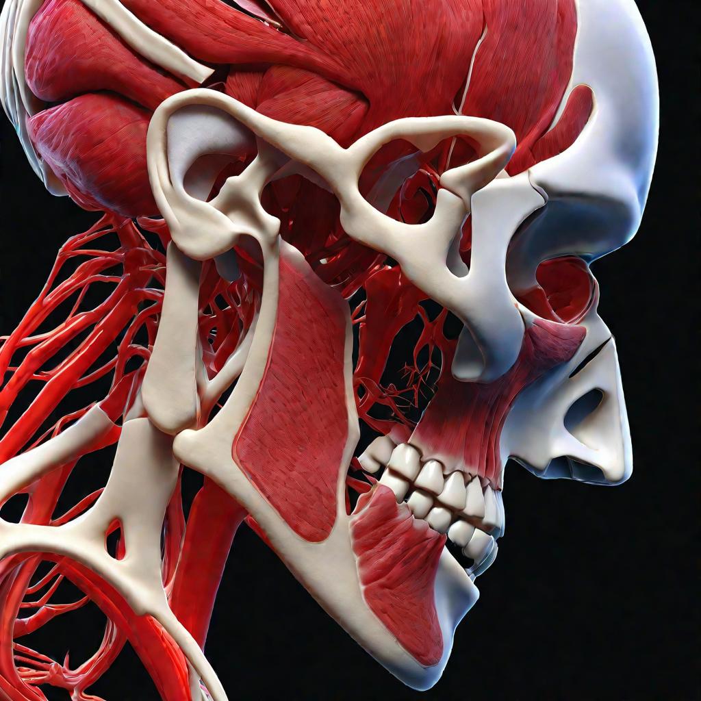 3D модель головы с подсвеченными жевательными мышцами.