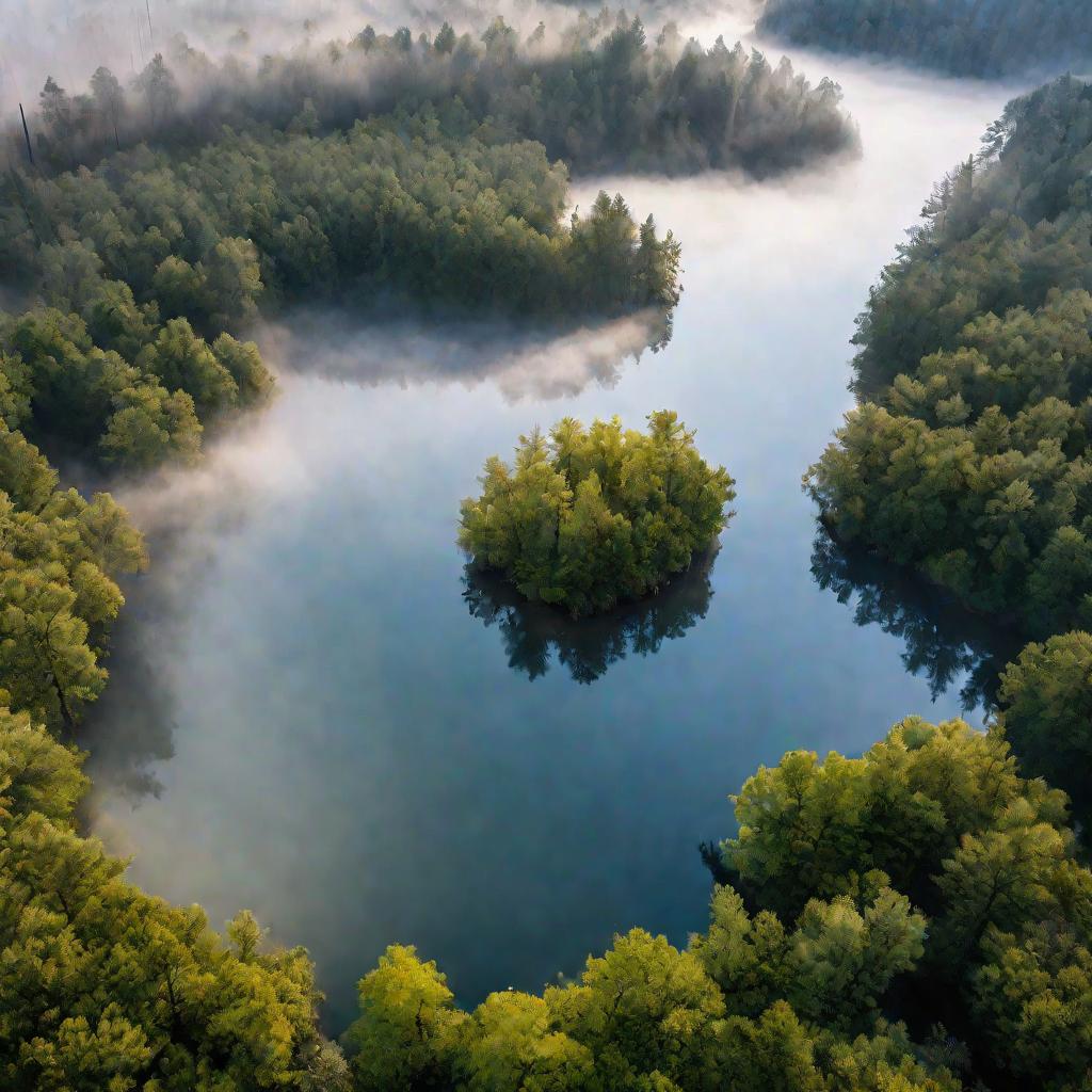 Вид сверху на озеро в лесу в туманное утро, неподвижная водная поверхность испускает завихрения пара, сливающиеся с воздухом.