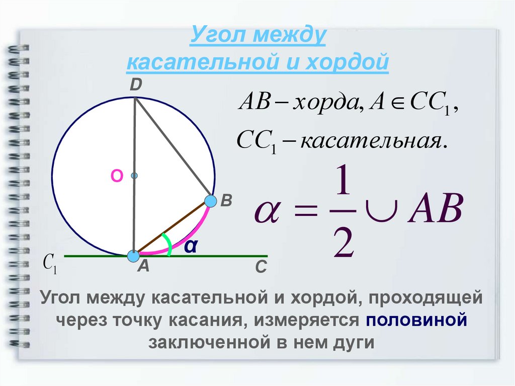 Чему равен угол между касательной и хордой