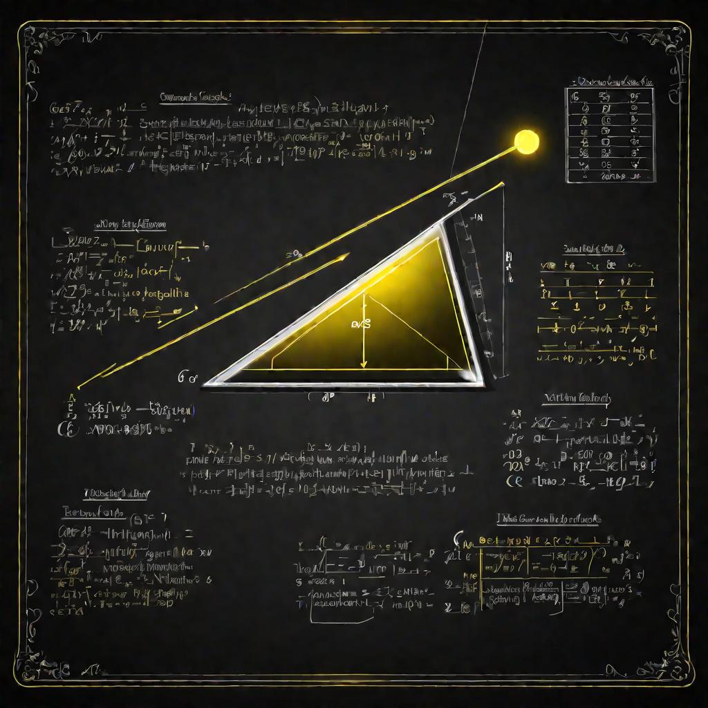 Параллелограмм с уравнениями и формулами для нахождения высоты, написанными мелом на черной доске с желтым светом прожектора на темном фоне